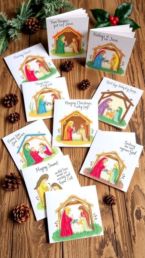Handmade Christmas cards with nativity scenes and messages celebrating Jesus, displayed on a wooden table.